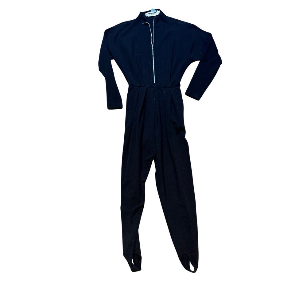Tape Measure Black Jumpsuit Stirrup Leg Full Zip Mock Neck‎ Bodysuit